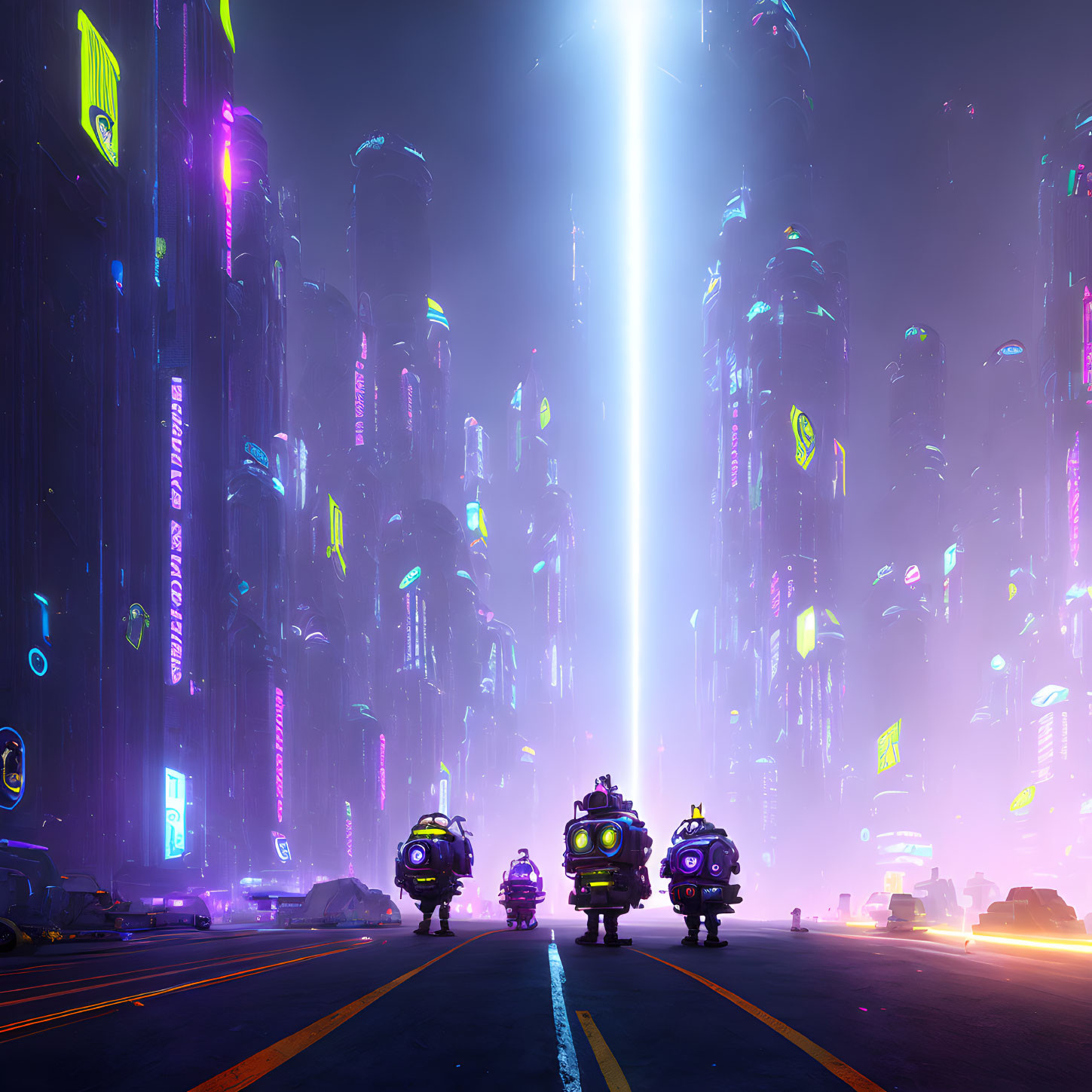 Neon-lit futuristic cityscape with robot-like figures at night