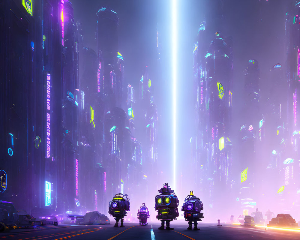 Neon-lit futuristic cityscape with robot-like figures at night