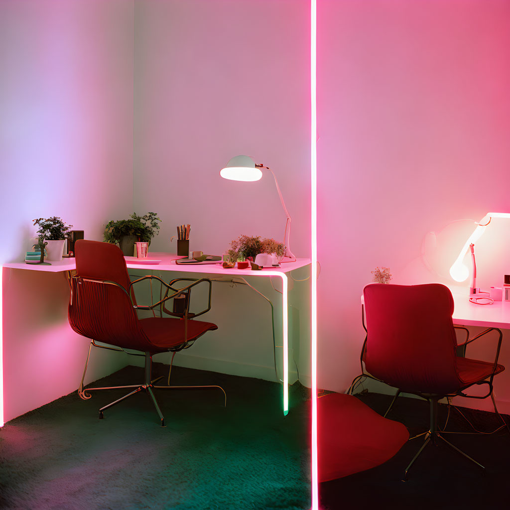 White Desk and Chairs with Pink and Green Neon Lighting in Modern Office Space