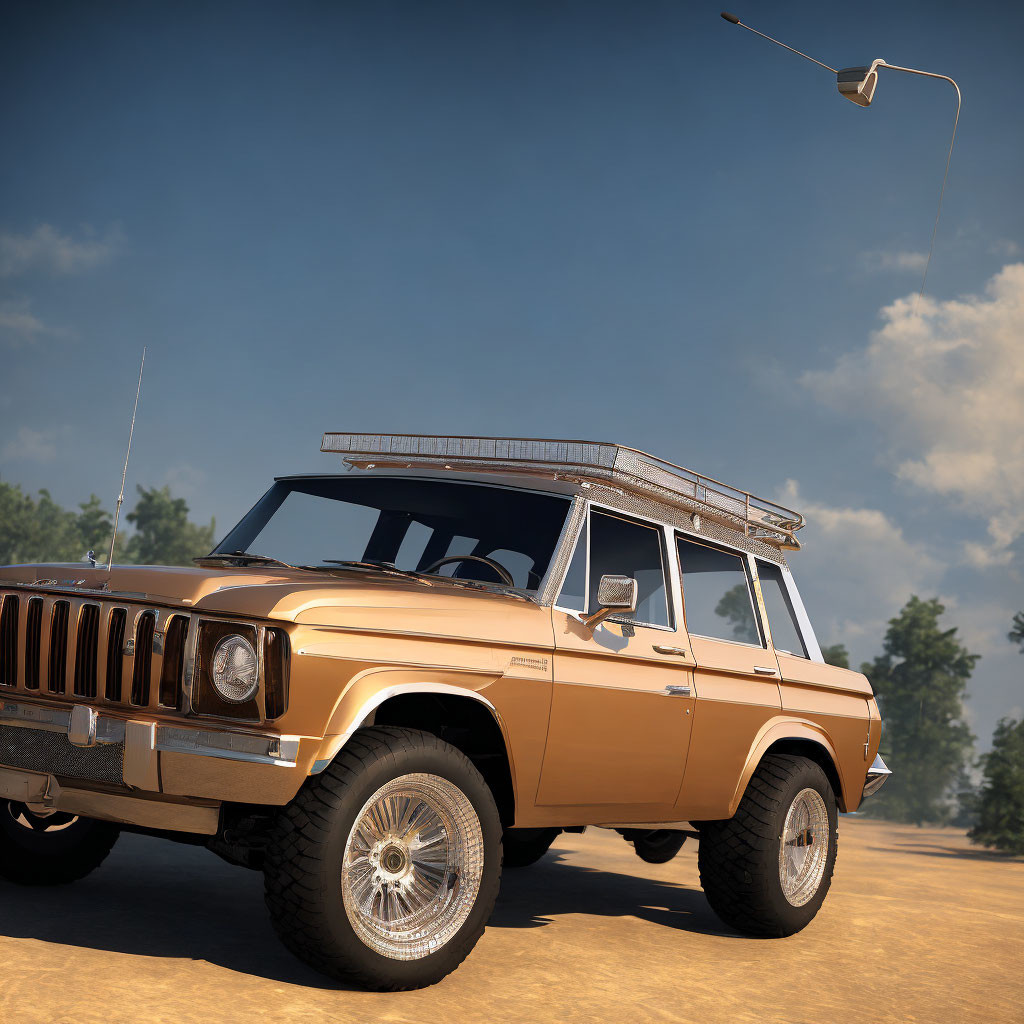 Vintage Brown SUV with White-Wall Tires, Roof Rack, and Open Door on Road