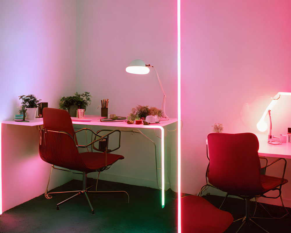 White Desk and Chairs with Pink and Green Neon Lighting in Modern Office Space