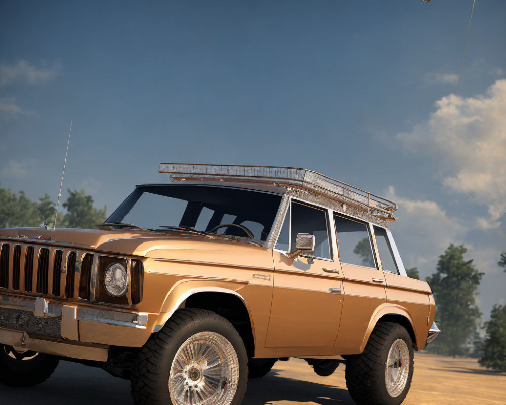 Vintage Brown SUV with White-Wall Tires, Roof Rack, and Open Door on Road