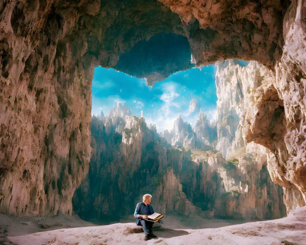 Person reading inside large cave with dramatic karst formations and blue sky view.