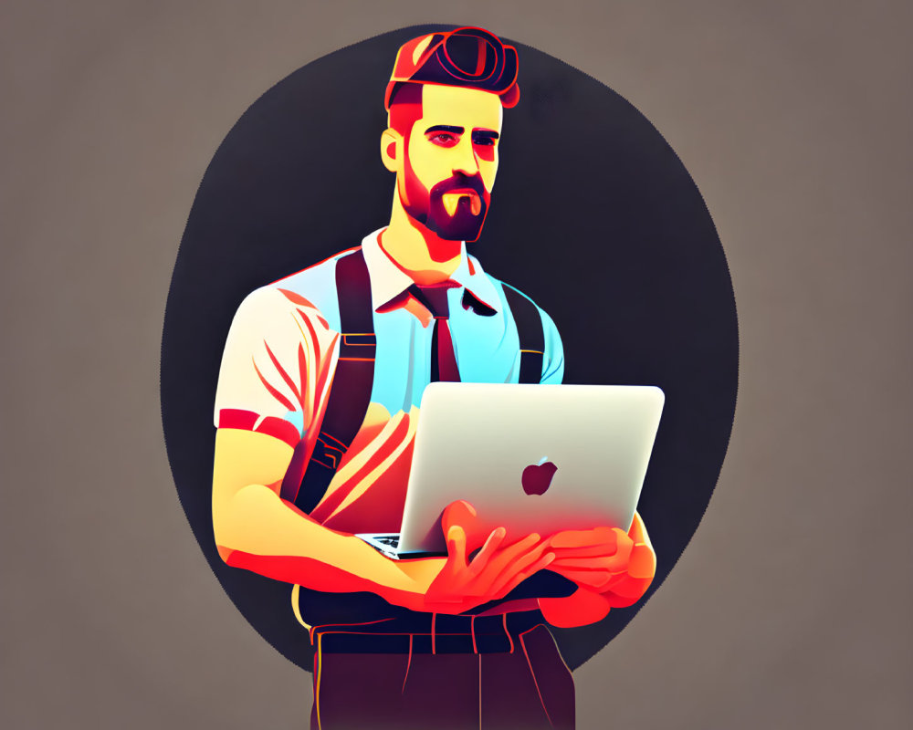 Stylized illustration of bearded man with hat, laptop, suspenders, and bow tie on