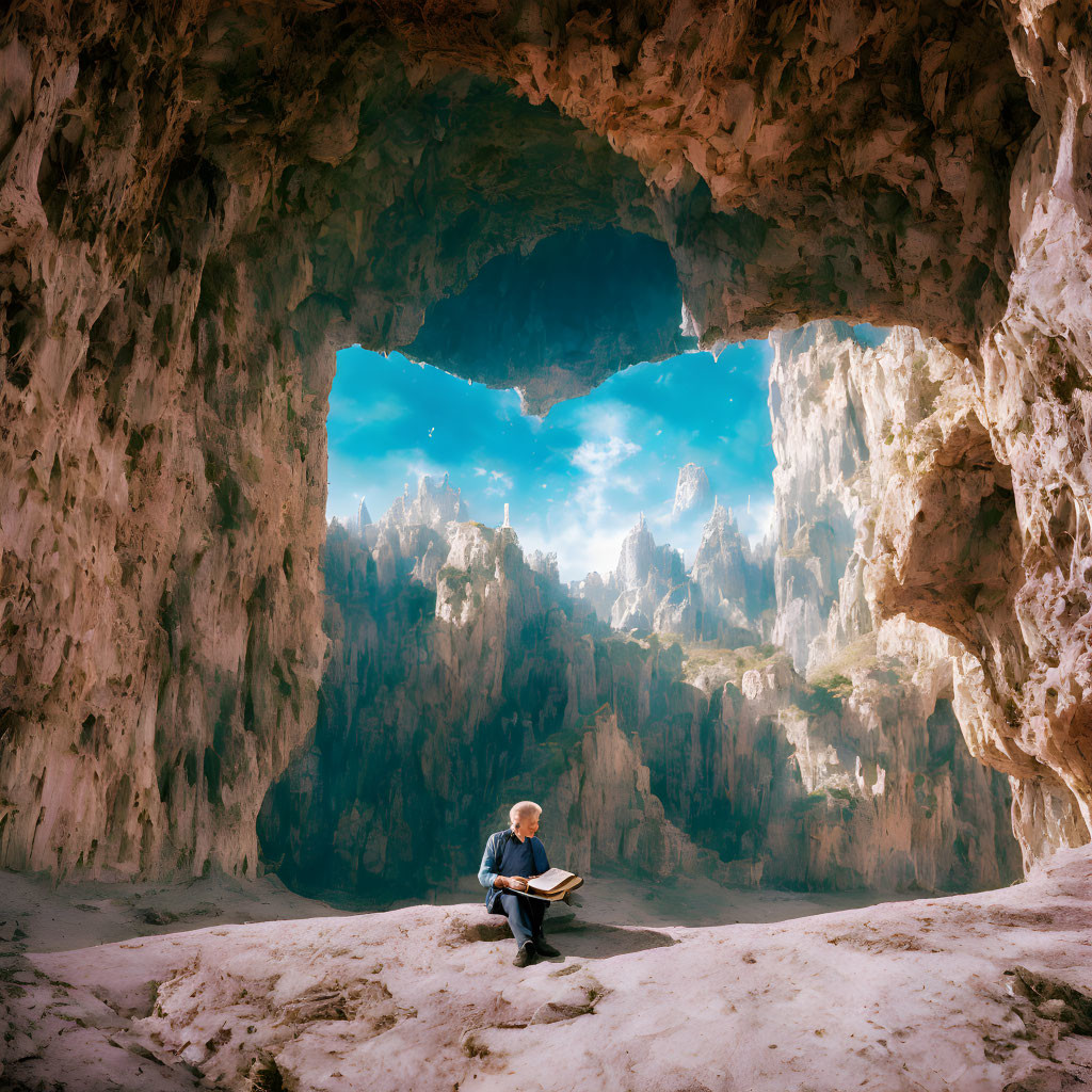 Person reading inside large cave with dramatic karst formations and blue sky view.