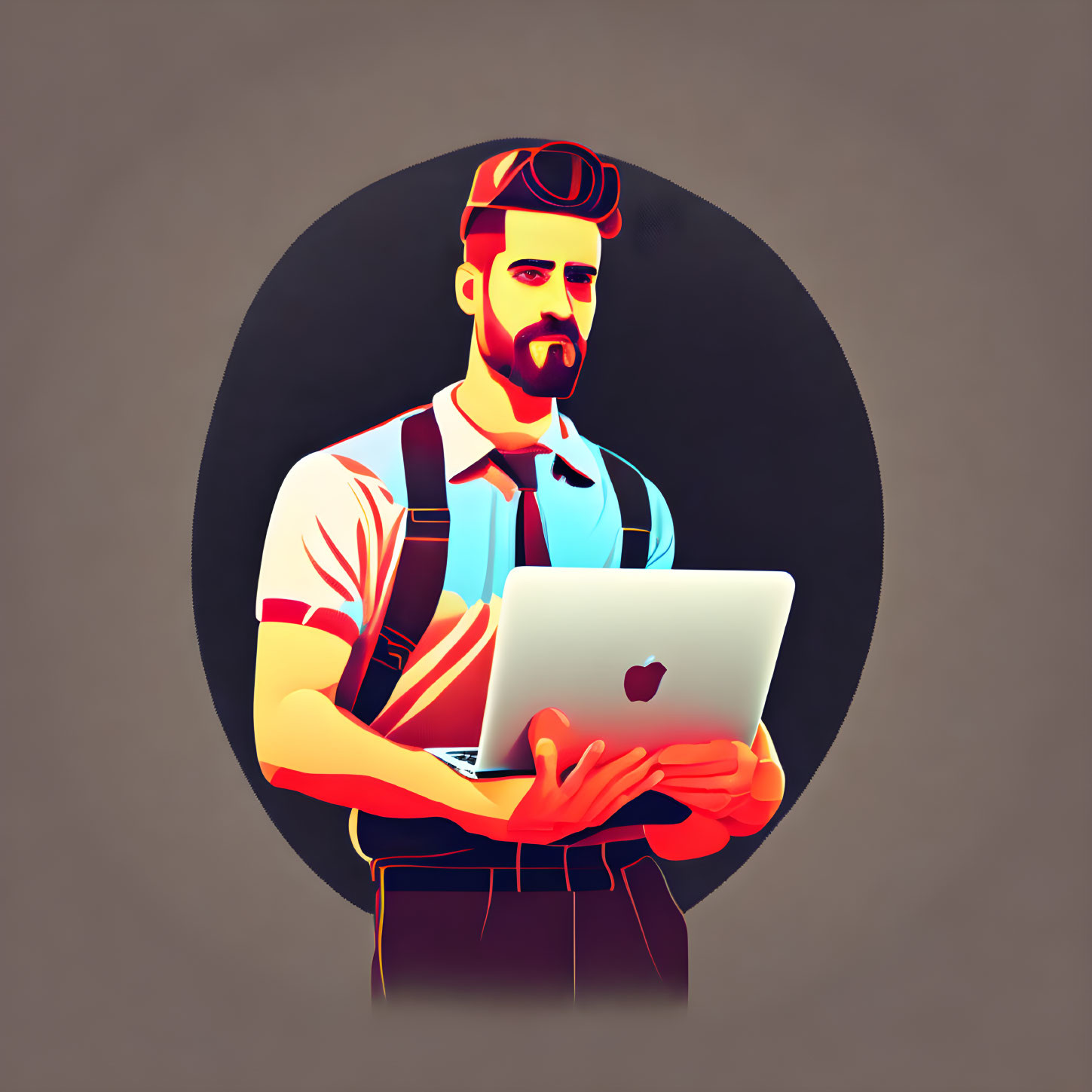 Stylized illustration of bearded man with hat, laptop, suspenders, and bow tie on