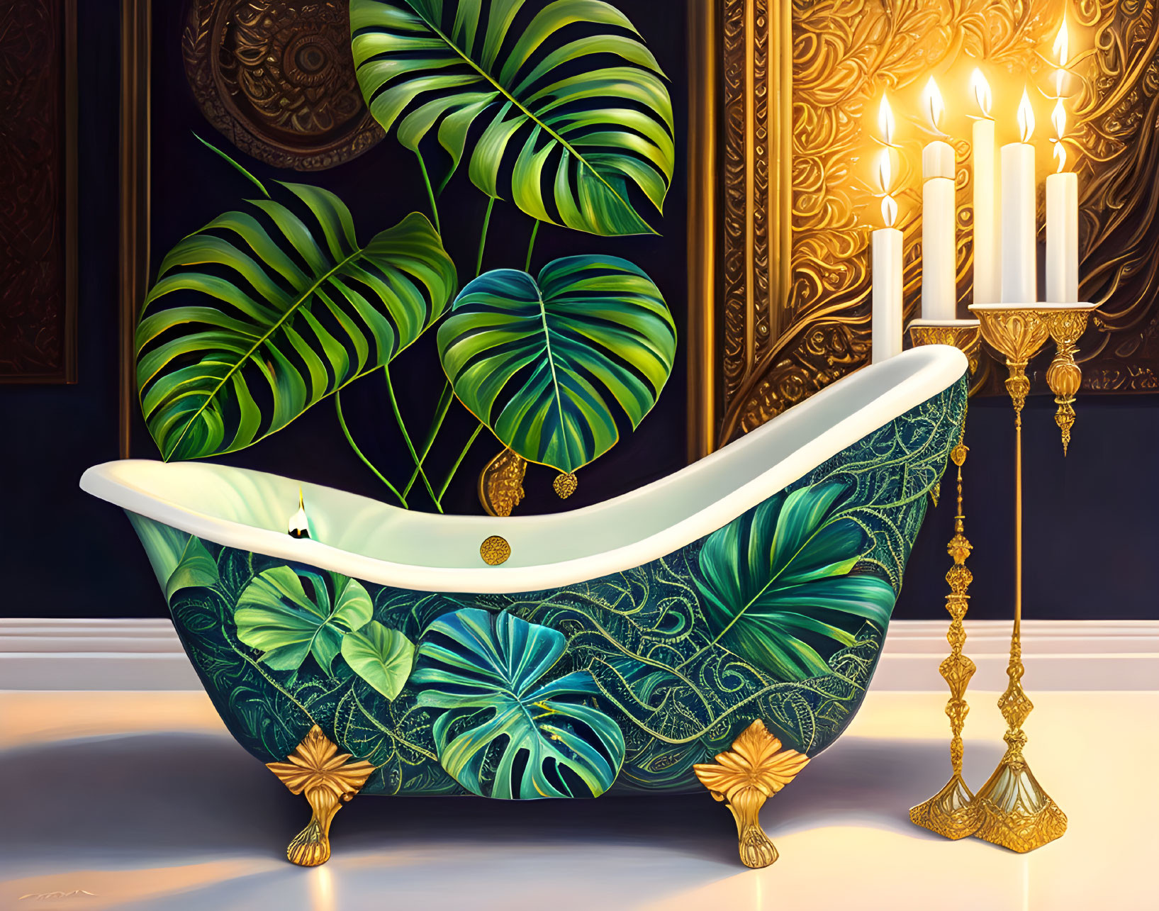 Luxurious room with ornate green leafy bathtub and candles