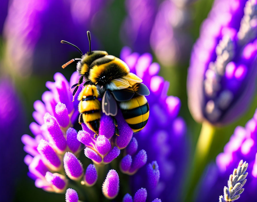 Colorful Bee Collecting Pollen on Purple Flowers with Soft-Focus Background