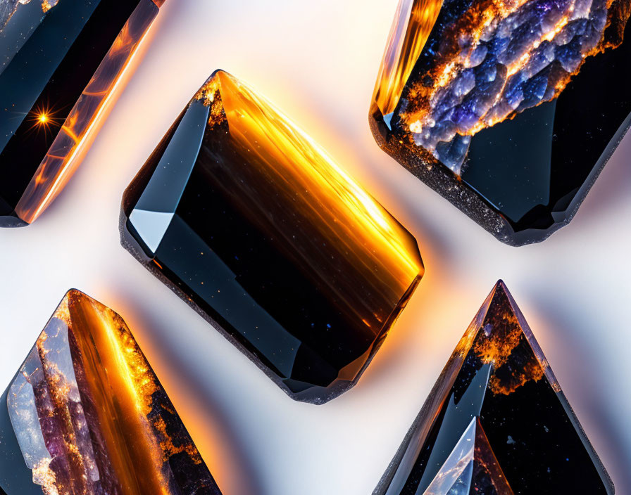 Polished Gemstones with Amber and Blue Hues on Light Surface