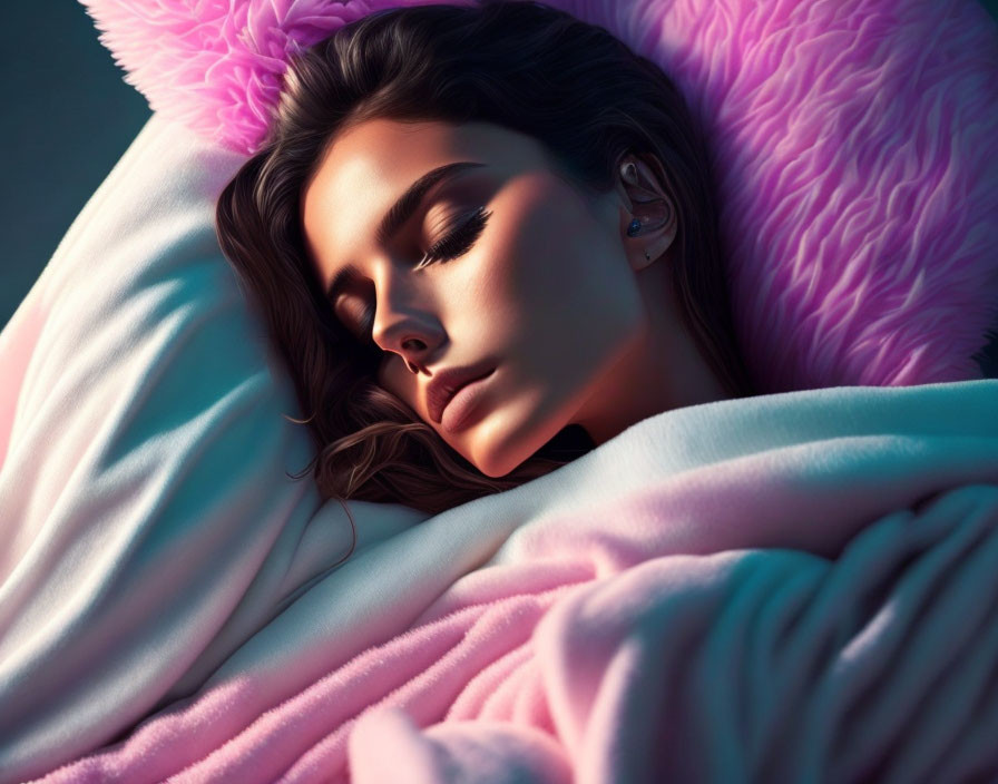 Woman Sleeping Peacefully on Pink Pillow with Soft Lighting