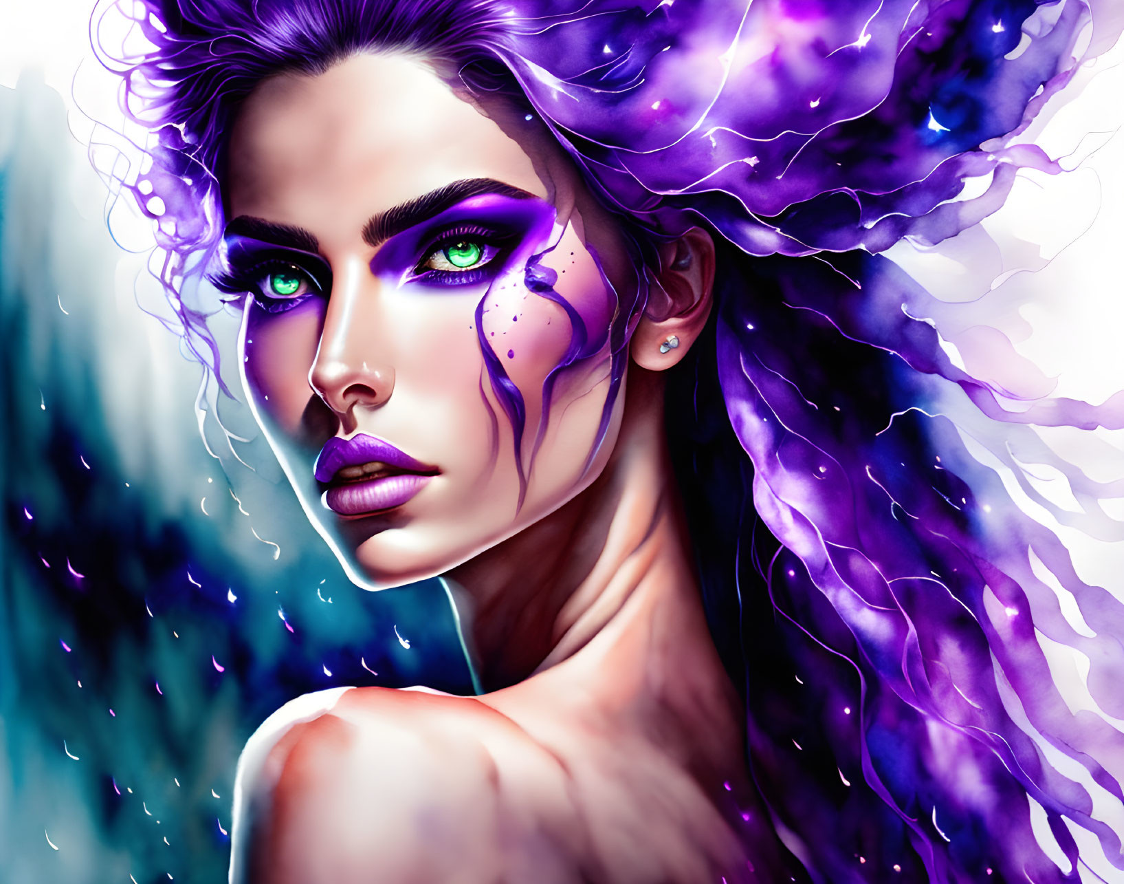 Colorful illustration: Woman with green eyes and purple hair on abstract blue background