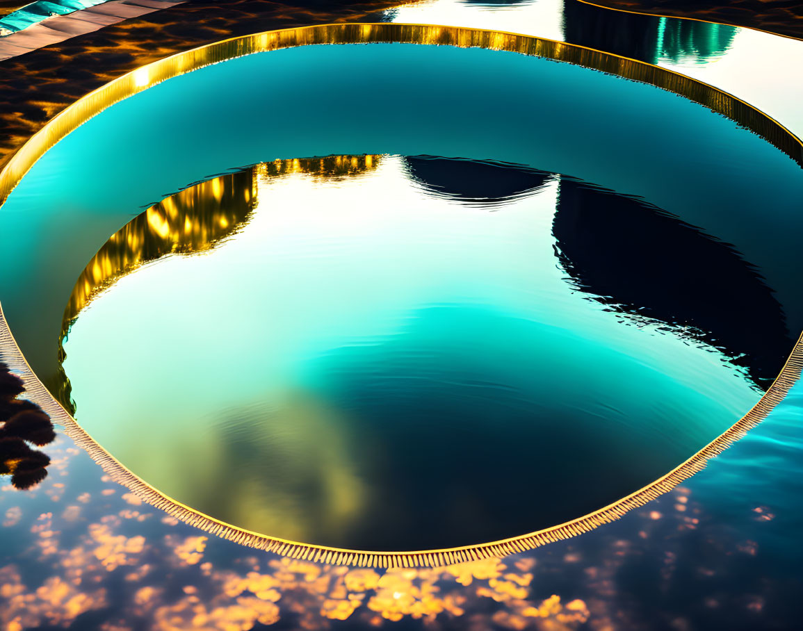 Twilight scene of an illuminated pool with golden lights reflecting in calm water