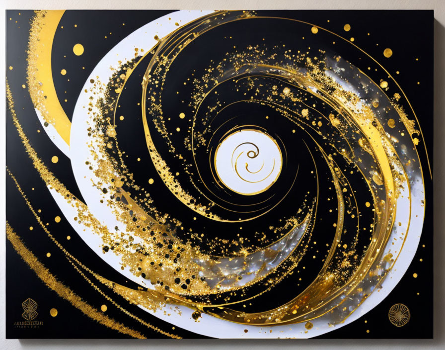 Abstract Gold and White Swirls on Black Background with Splattered Accents