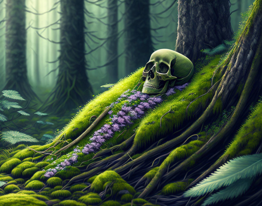 Human skull in forest with purple flowers and misty trees