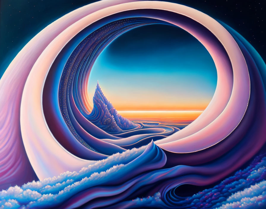 Surreal landscape with concentric wave-like structures in blue and pink gradient against twilight sky