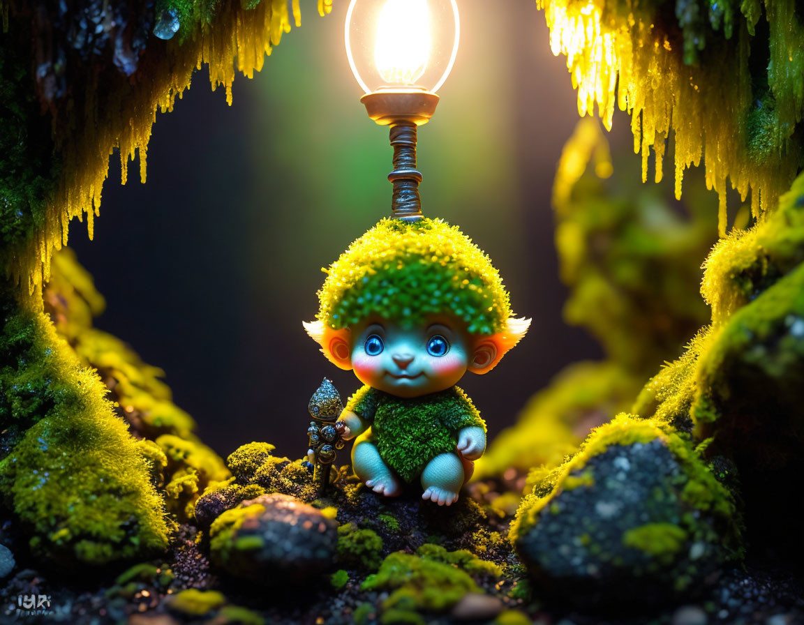 Green-haired figure with elfin ears in mossy forest under glowing lightbulb