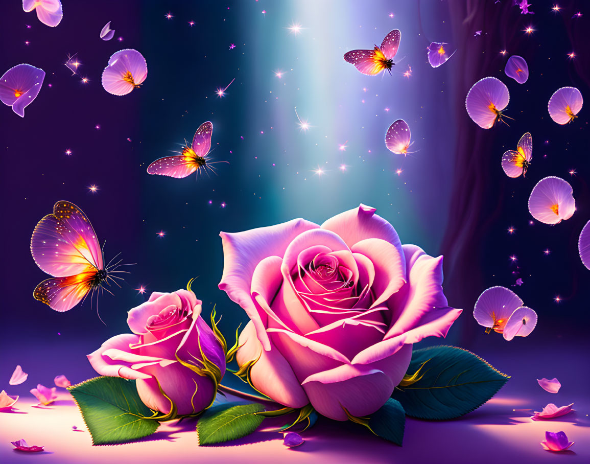 Digital Artwork: Pink Roses, Butterflies, Glittering Light Rays on Purple Background