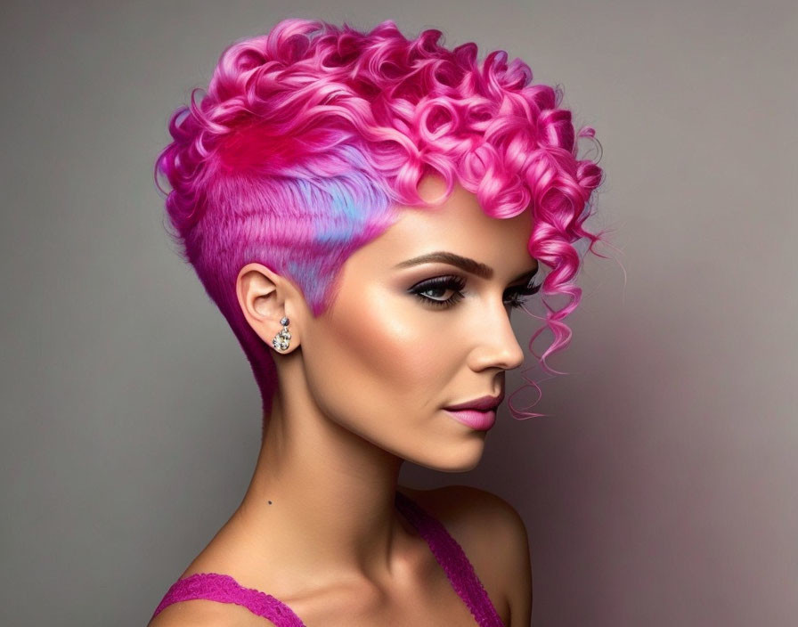 Person with Vibrant Pink and Purple Curly Hair, Earring, Subtle Makeup on Grey Background