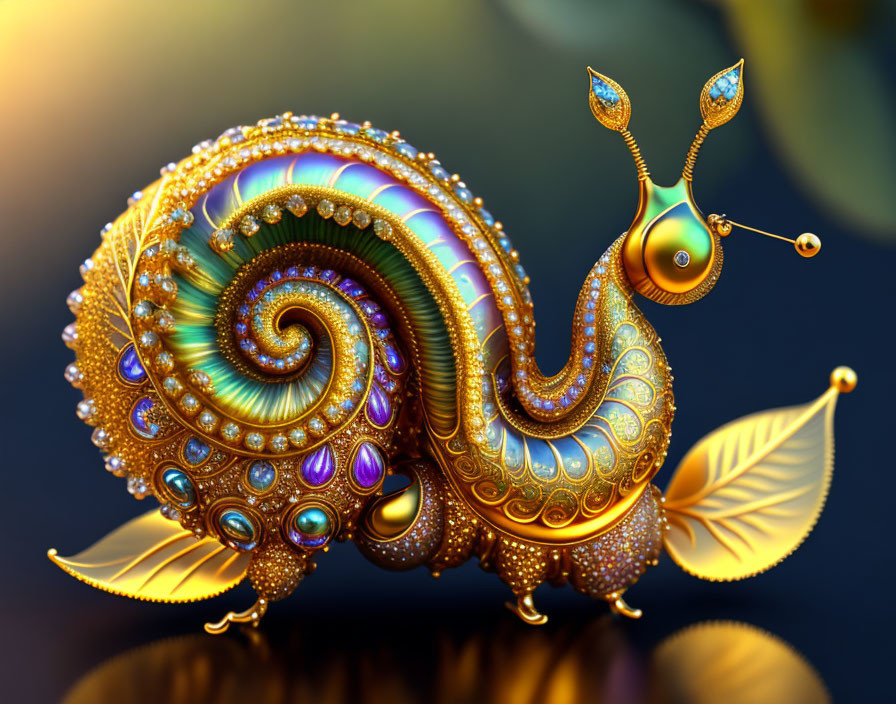 Colorful digital artwork: Stylized golden snail with intricate designs and gemstone decorations