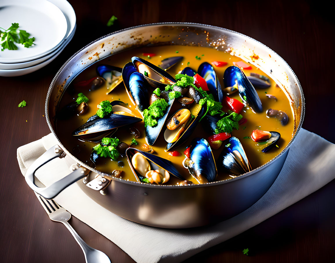 Steaming mussels in rich broth with red peppers and herbs on table.