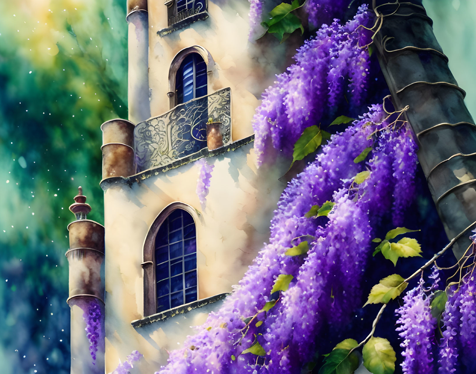 Illustrated tower with arched windows and purple wisteria blooms against dreamy background