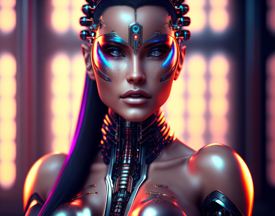 Futuristic female android with glowing blue eyes and cybernetic enhancements