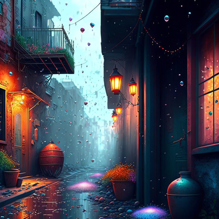 Rainy Dusk Street Scene with Lanterns, Flowers, and Colorful Bubbles