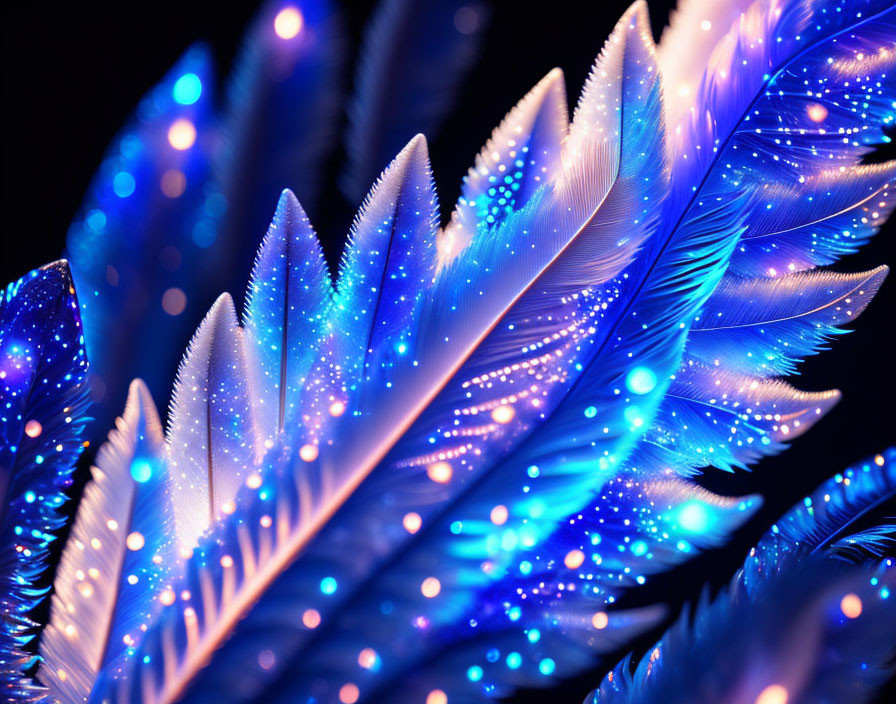 Shimmering blue feathers with sparkling droplets on dark backdrop