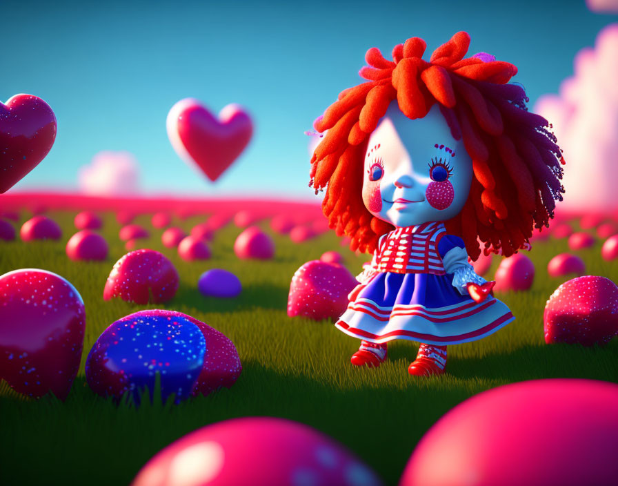 Colorful animated ragdoll with red hair in blue dress walking in heart-filled whimsical field