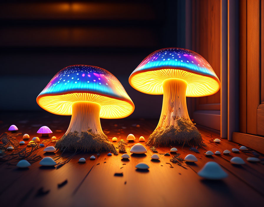 Colorful Glowing Fantasy Mushrooms in Dark Room