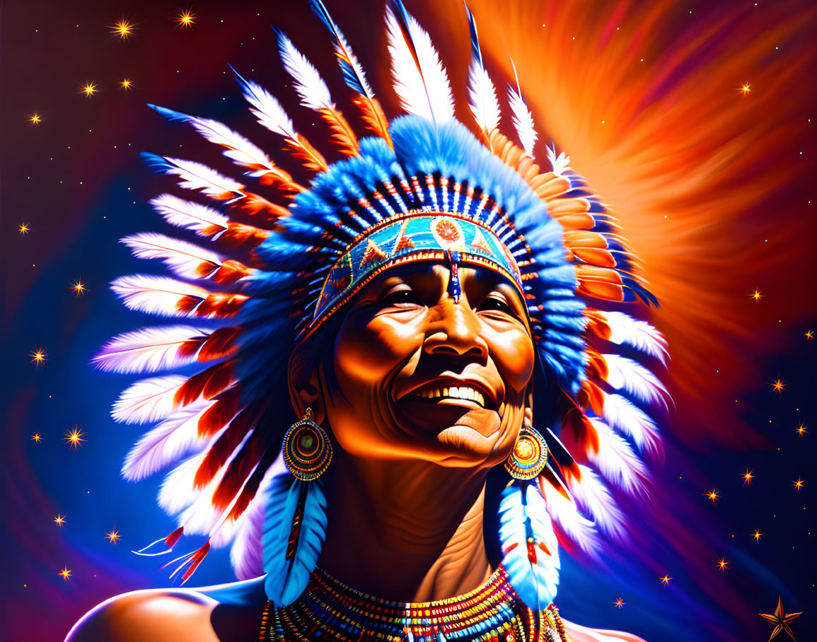 Colorful digital artwork: Smiling Indigenous man in feather headdress against cosmic backdrop