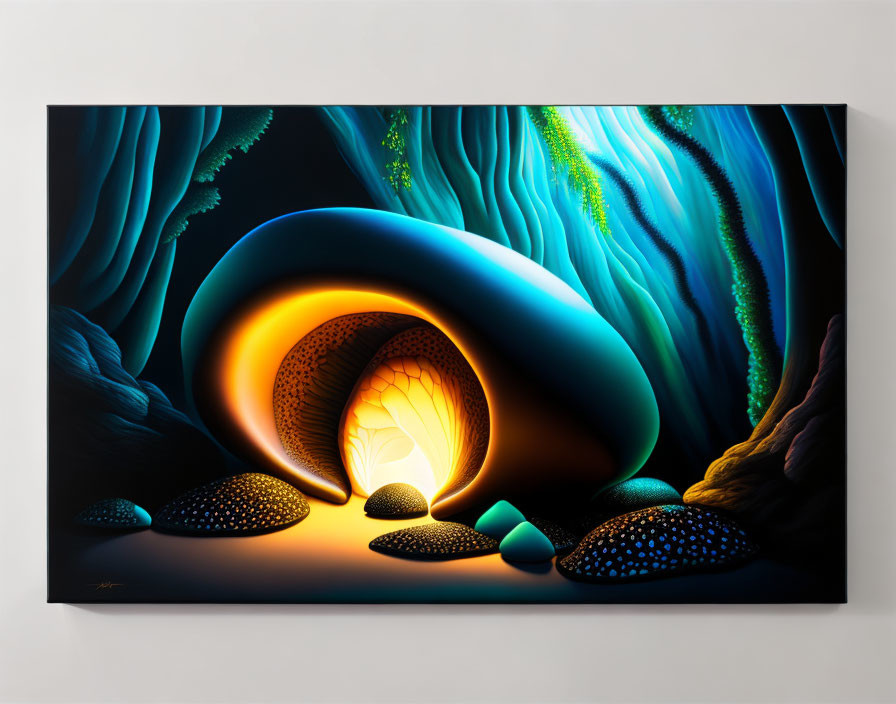 Colorful painting of illuminated cave entrance with glowing flora and textured rocks