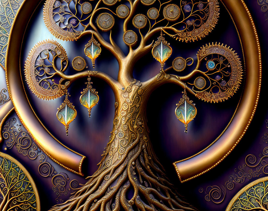 Stylized digital artwork: Tree with gears and clock parts