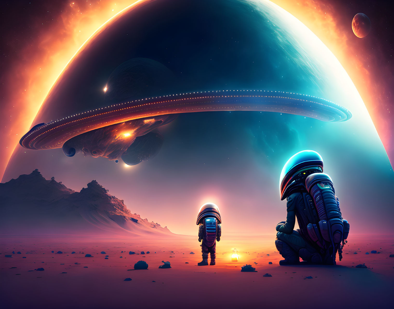 Astronauts on alien planet with ringed planet, spacecraft, and setting sun