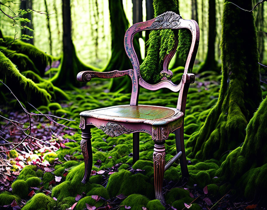 Antique chair covered in moss in lush forest setting