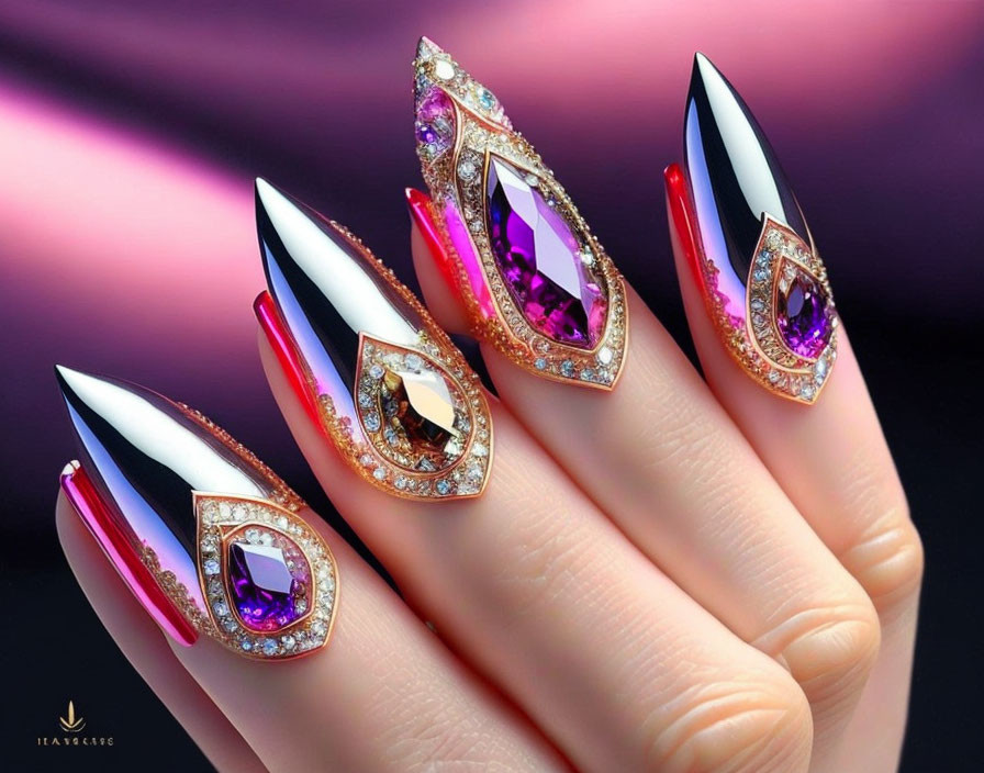 Stiletto nails with black and white design and jewel accents.