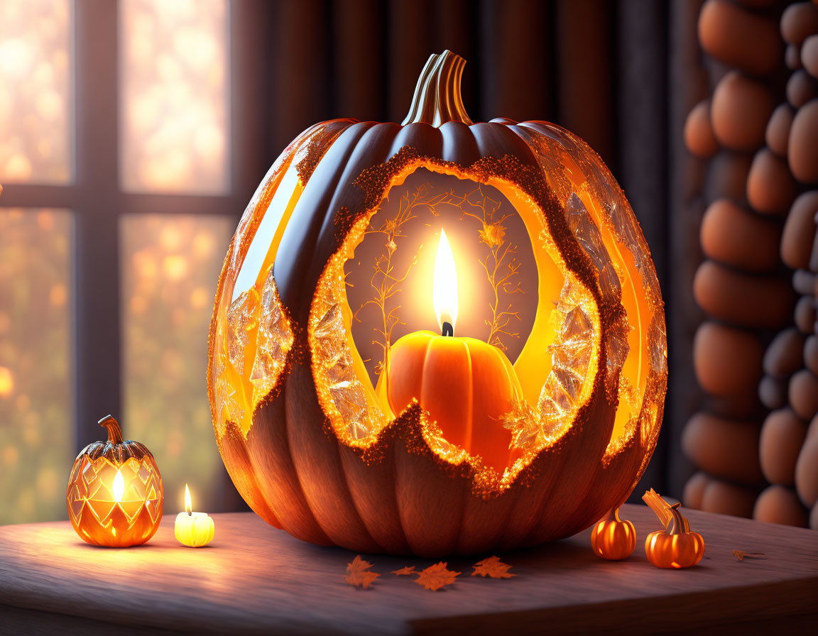 Carved pumpkin with candlelight, autumn leaves, mini pumpkin, and wooden window.