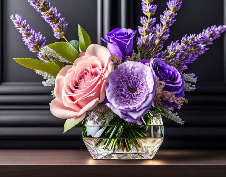 Colorful Floral Arrangement: Pink Roses, Purple Lisianthus, Lavender in Glass Vase