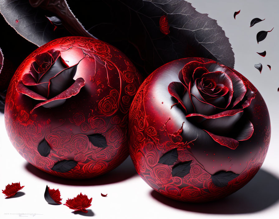 Ornate crimson apples with rose patterns on reflective surface