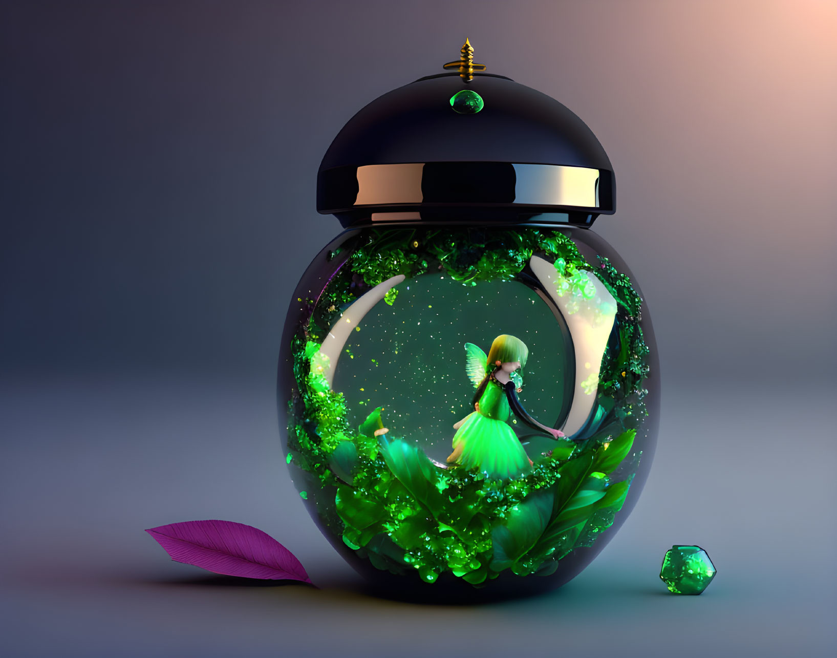 Luminous emerald green forest in glass terrarium with fairy.