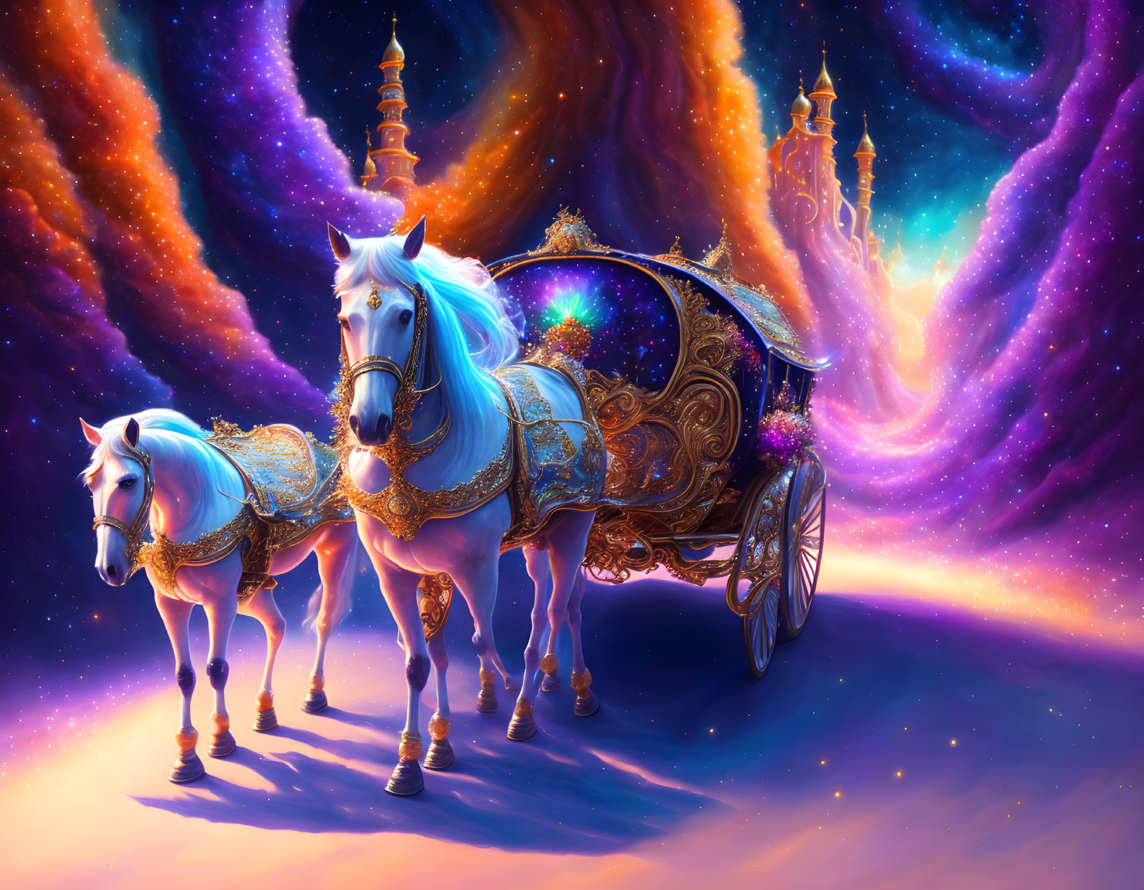 Fantastical image: Blue horses pulling ornate carriage through galaxy