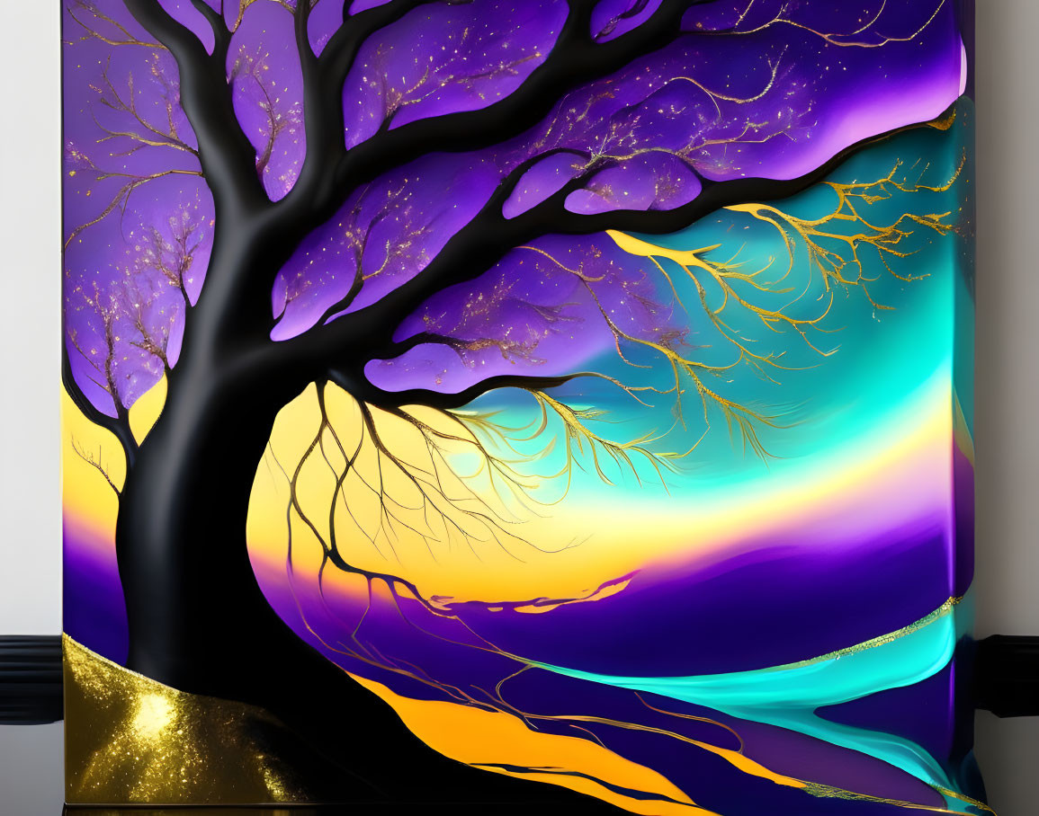 Colorful digital artwork: Silhouetted tree in cosmic purple, blue, and pink hues.