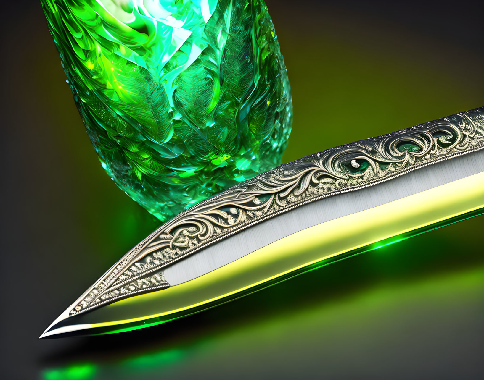 Ornate silver dagger with glowing green blade and crystal on dark background