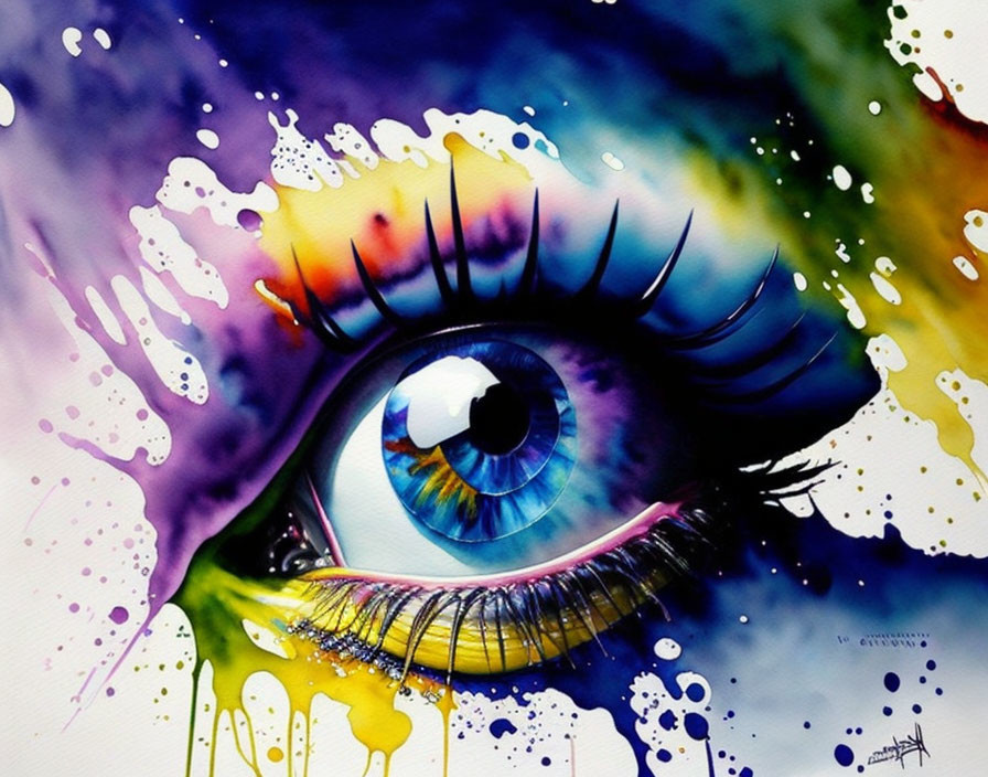 Colorful artwork featuring vibrant blue eye with purple, yellow, and white splashes