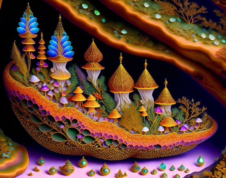 Colorful Mushroom Landscape with Ornate Patterns and Luminous Colors