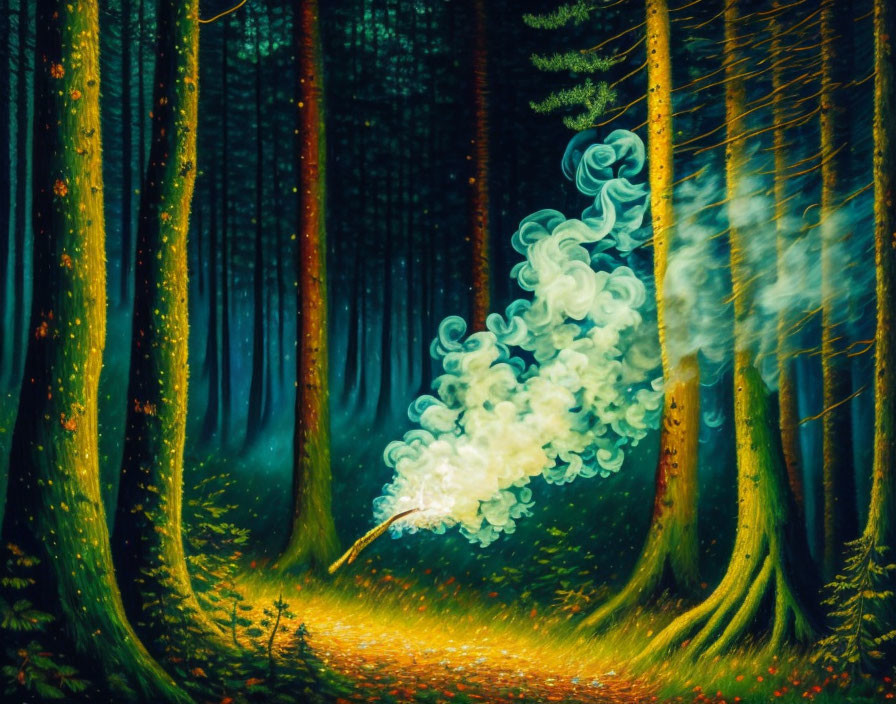 Enchanting forest scene with sunbeams and mystical smoke