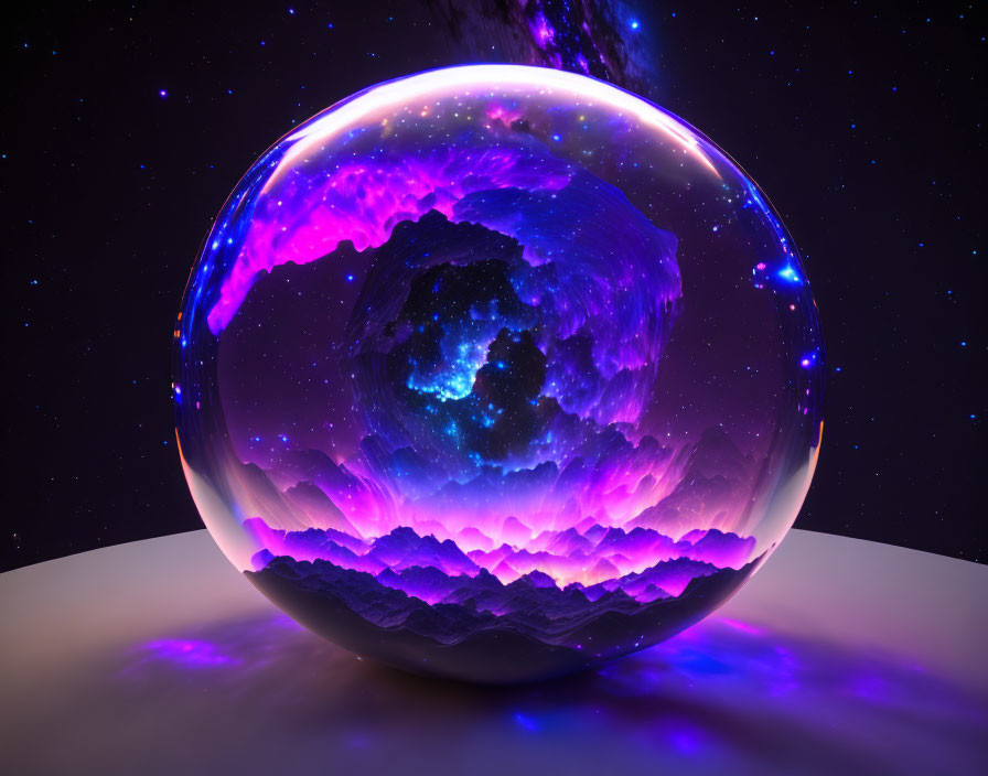 Radiant transparent sphere with vibrant nebula and stars on dark starry sky