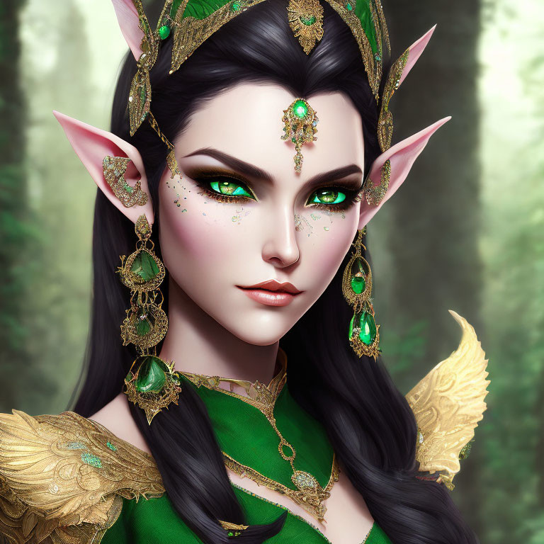 Fantasy elf woman illustration with green eyes and golden jewelry