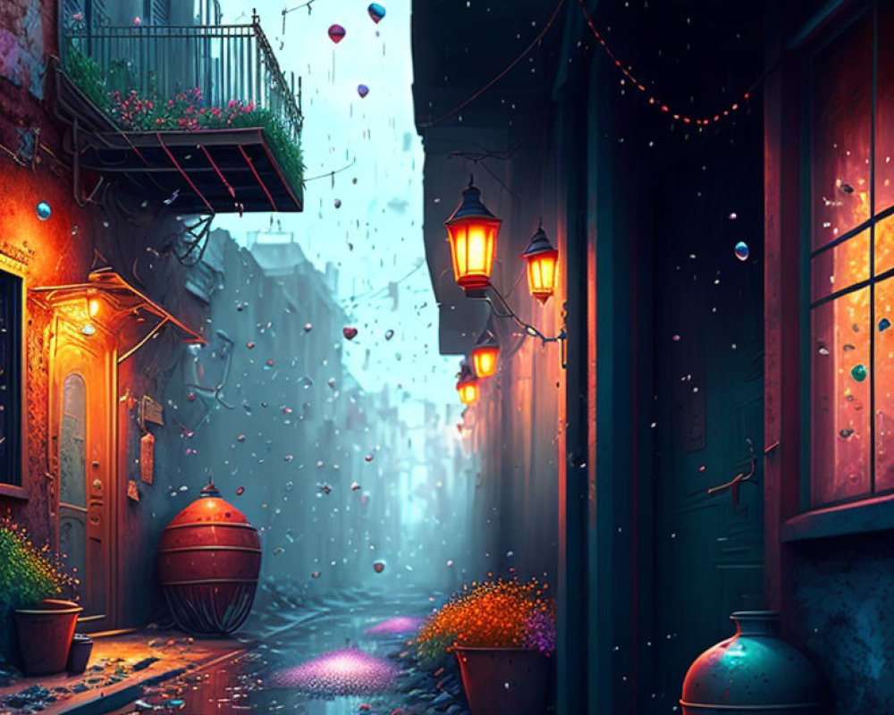 Rainy Dusk Street Scene with Lanterns, Flowers, and Colorful Bubbles