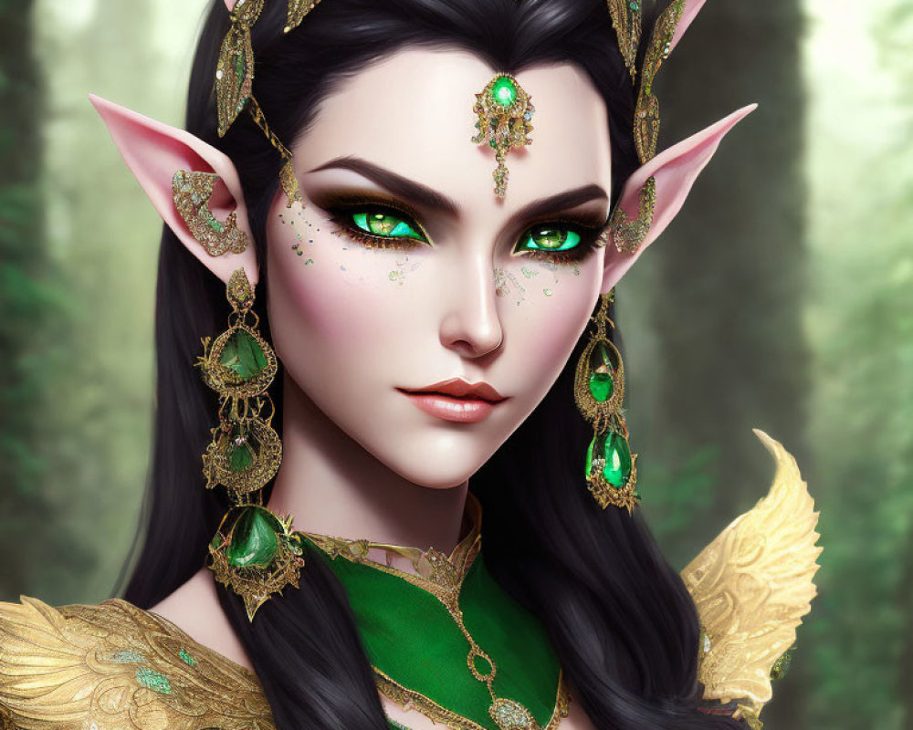 Fantasy elf woman illustration with green eyes and golden jewelry